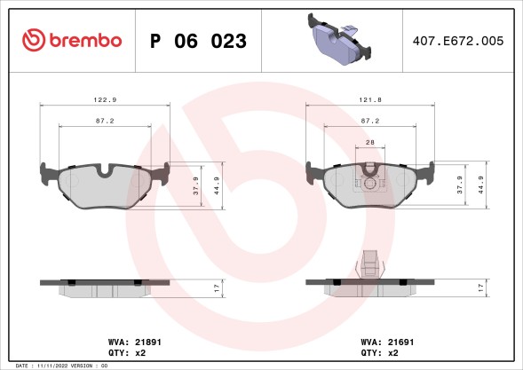 P06023 BREMBO Комплект гальмівних колодок з 4 шт дисків