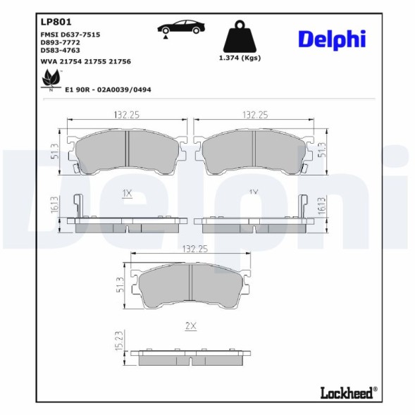 LP801 DELPHI Комплект гальмівних колодок з 4 шт дисків