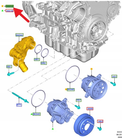Ford OE JB3Q-8501-AE, JB3Z8501C ВОДЯНА НАСОС 2.0 ECOBLUE FORD RANGER 2025- OEM 2861113 _ JB3Q-8501-AE