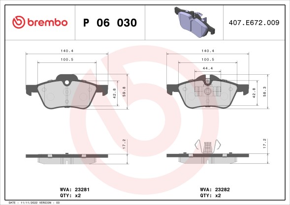 P06030 BREMBO Комплект гальмівних колодок з 4 шт дисків