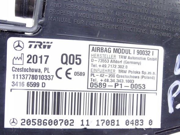 Mercedes-Benz OE 2058600702 GBI_BMW ZZ MERCEDES C-КЛАС W205 14-21 ПОДУШКА AIRBAG СИДІННЯ ПРАВА ОРИГІНАЛ НОВА