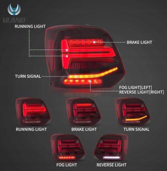 VLAND LDVWV4 9533913E mhm Комплект задніх ліхтарів Vland Led Neon з динамічними діодами для Vw Polo V 6R 6R0 2009-2017