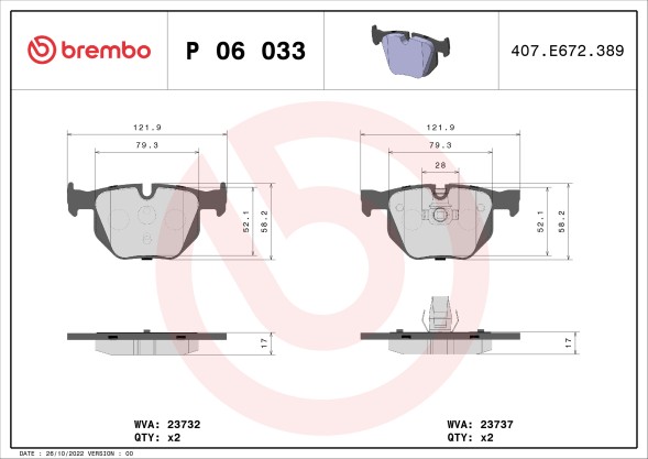 P06033 BREMBO Комплект гальмівних колодок з 4 шт дисків