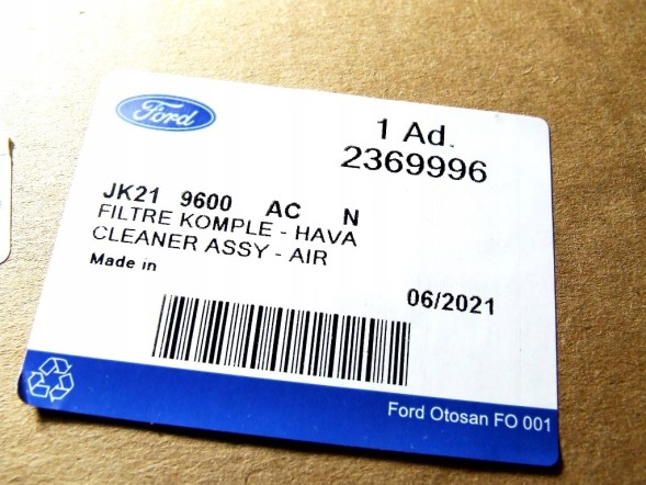 Ford OE 2369996 KK21-9600-AB КОРПУС ПОВІТРЯНОГО ФІЛЬТРА FORD TRANSIT TOURNEO CUSTOM 2016 - 2.0 FWD 2369996