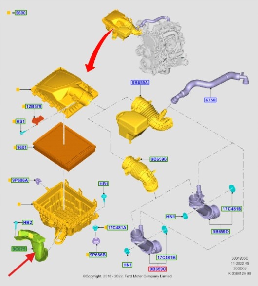 Ford OE EB3G-9C676-CB, EB3Z9C675C ТРУБКА ФІЛЬТРА ПОВІТРЯ 2.0 ECOBLUE RANGER 19- OEM 2273683 _ EB3G-9C676-CB