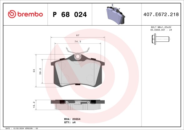 P68024 BREMBO Комплект гальмівних колодок з 4 шт дисків