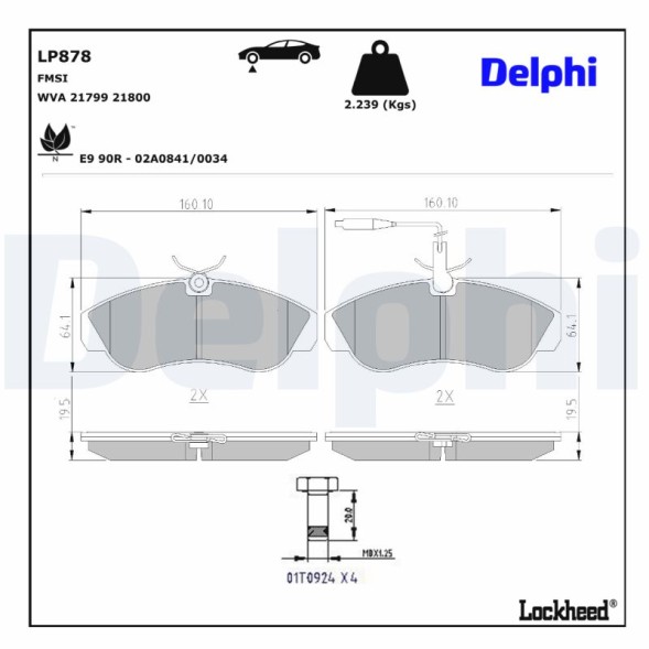 LP878 DELPHI Комплект гальмівних колодок з 4 шт дисків