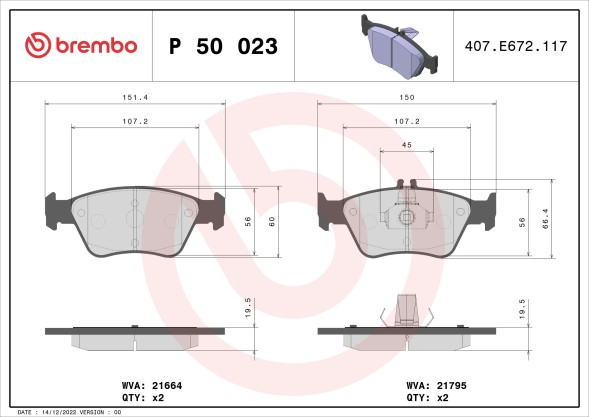 P50023 BREMBO Комплект гальмівних колодок з 4 шт дисків