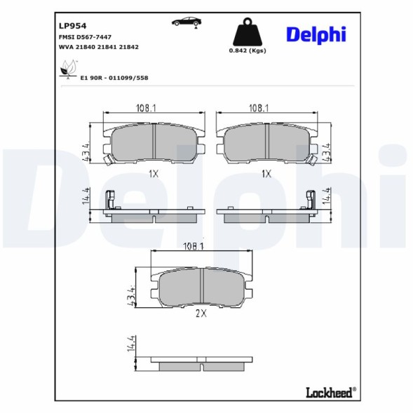 LP954 DELPHI Комплект гальмівних колодок з 4 шт дисків