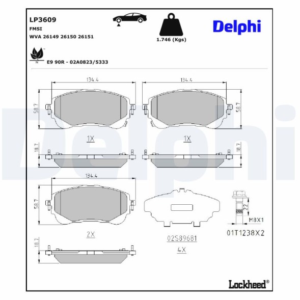 LP3609 DELPHI Комплект гальмівних колодок з 4 шт дисків