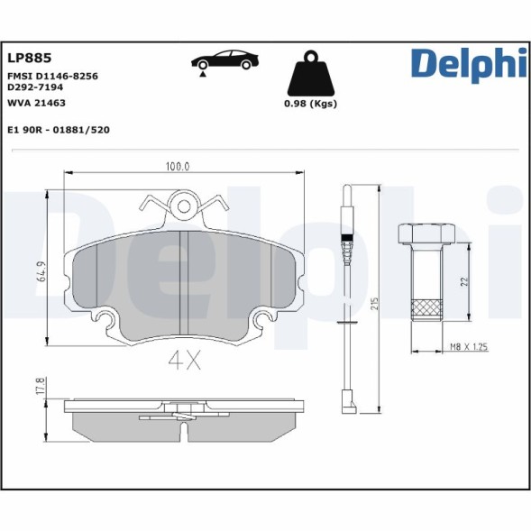 LP885 DELPHI Комплект гальмівних колодок з 4 шт дисків
