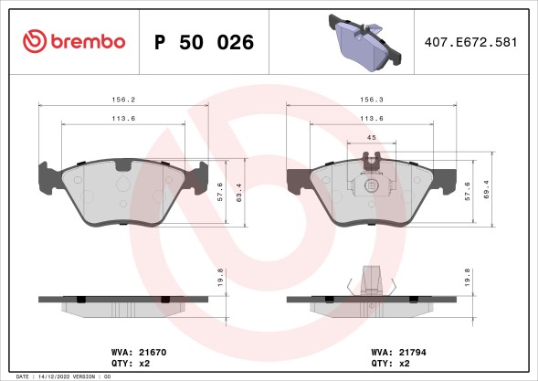 P50026 BREMBO Комплект гальмівних колодок з 4 шт дисків
