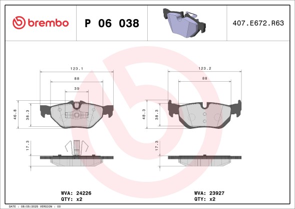 P06038 BREMBO Комплект гальмівних колодок з 4 шт дисків