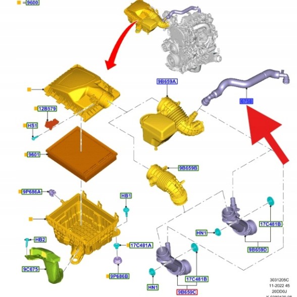 Ford OE JB3Q-6758-AA, JB3Z6758A ТРУБА ПОВІТРЯНОГО ФІЛЬТРА 2.0 ECOBLUE RANGER 2019- OEM 2213928 _ JB3Q-6758-AA