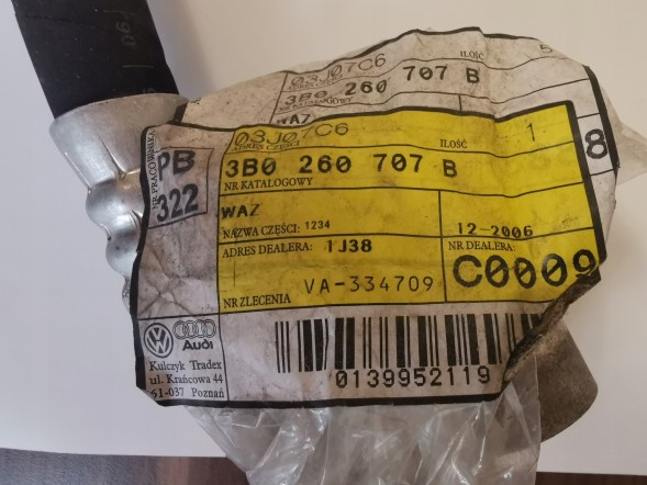 Volkswagen OE RURKA WĄŻ KLIMATYZACJI ТРУБА КОНДИЦИОНЕРА PASSAT SUPERB 3B0260707B