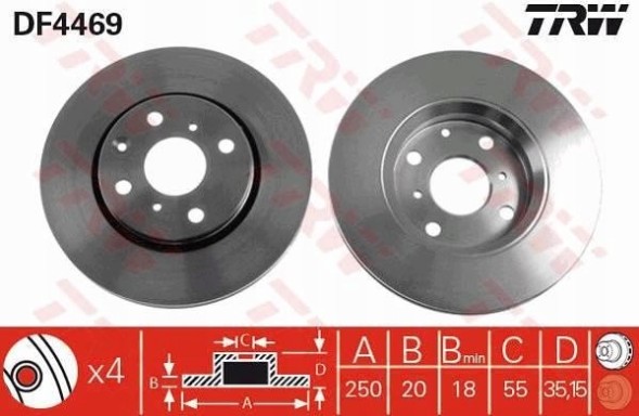 TRW GDB1633 + DF4469 TOYOTA AYGO I Колодки + диски передні TRW TOYOTA AYGO I 1