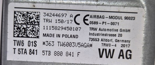 Volkswagen OE 5TB880841F CAR PARTS AIRBAG КОЛІННА ПОДУШКА ОРИГІНАЛ VW TOURAN III 5ТА 5TB880841F