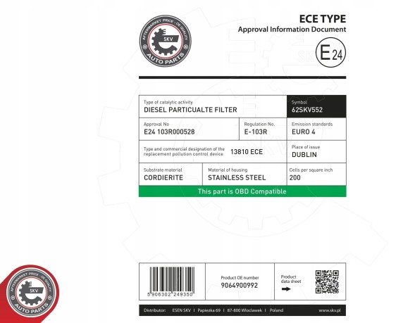 ESEN SKV MERCEDES Sprinter B906 OM642 OM646 2.2 CDI filtr cząstek stałych DPF A9064900992 MERCEDES Sprinter B906 OM642 646 2.2D фільтр сажі DPF 9064900992