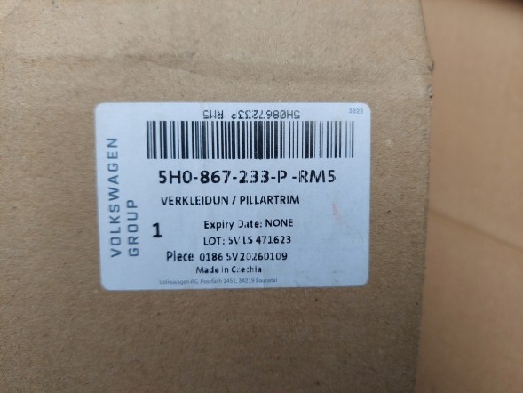 Volkswagen OE STORM GRAY 5H0867233P RM5_GTECH1 VW GOLF VIII 8 Обшивка стійки А ліва STORM GRAY 5H0867233P RM5