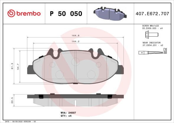 P50050 BREMBO Комплект гальмівних колодок з 4 шт дисків