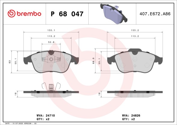 P68047 BREMBO Комплект гальмівних колодок з 4 шт дисків