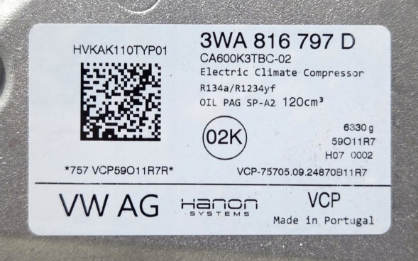 Volkswagen OE 3WA816797D VW Компресор кондиціонера VW ID3 3WA816797D