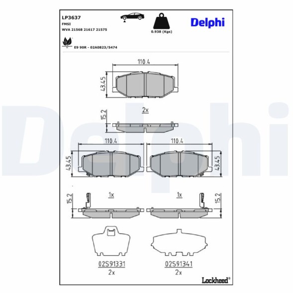 LP3637 DELPHI Комплект гальмівних колодок з 4 шт дисків