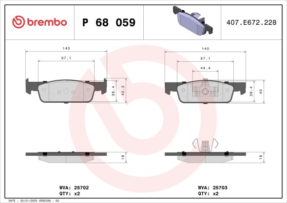 P68059 BREMBO Комплект гальмівних колодок з 4 шт дисків