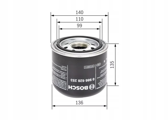 Bosch 0 986 628 253 Фільтр осушувача в укл. Пневматичному даф