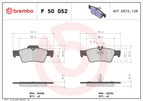 P50052 BREMBO Комплект гальмівних колодок з 4 шт дисків