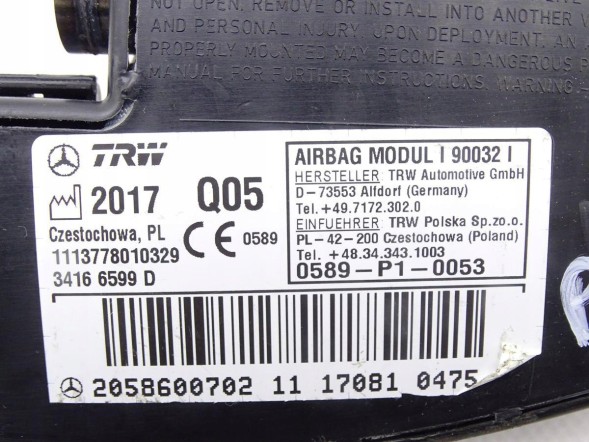Mercedes-Benz OE 2058600702 GBI_BMW L MERCEDES C-КЛАС W205 14-21 ПОДУШКА AIRBAG СИДІННЯ ПРАВА ОРИГІНАЛ НОВА