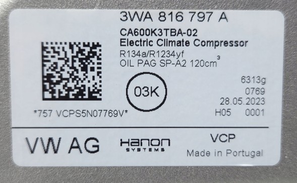 Volkswagen OE 3WA816797A VW Компресор кондиціонера VW ID3 3WA816797A