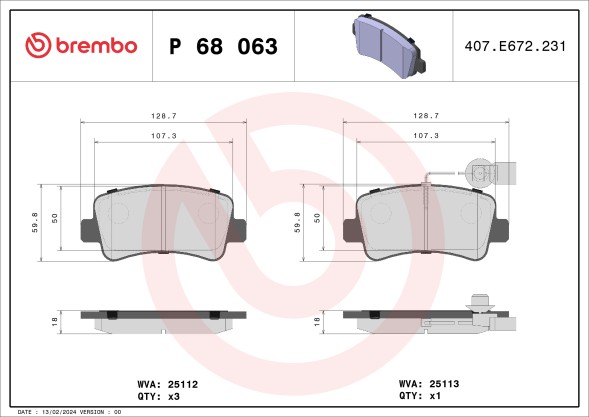 P68063 BREMBO Комплект гальмівних колодок з 4 шт дисків
