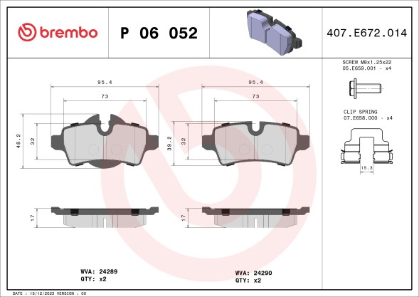 P06052 BREMBO Комплект гальмівних колодок з 4 шт дисків
