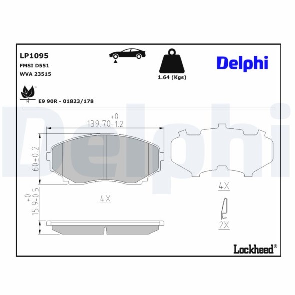 LP1095 DELPHI Комплект гальмівних колодок з 4 шт дисків