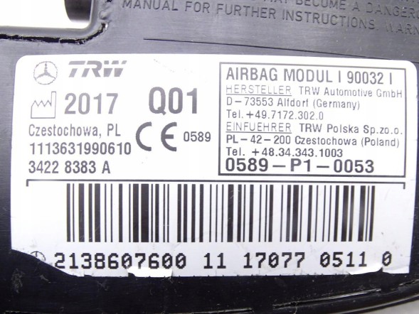 Mercedes-Benz OE 2138607600 GBI_BMW L MERCEDES E-KLASA W213 16-23 ПОДУШКА AIRBAG СИДІННЯ ПРАВА ОРИГІНАЛ НОВА