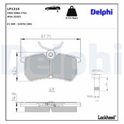 LP1316 DELPHI Комплект гальмівних колодок з 4 шт дисків