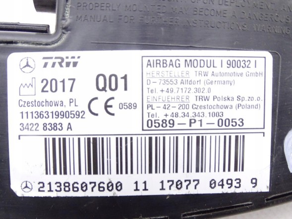 Mercedes-Benz OE 2138607600 GBI_BMW N MERCEDES E-KLASA W213 16-23 ПОДУШКА AIRBAG СИДІННЯ ПРАВА ОРИГІНАЛ НОВА