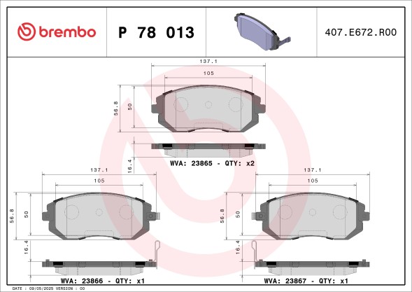P78013 BREMBO Комплект гальмівних колодок з 4 шт дисків