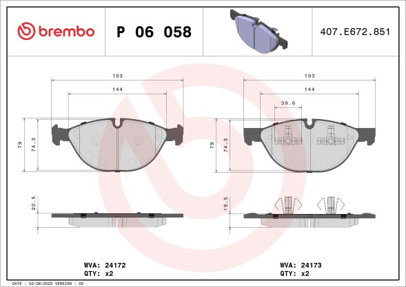 P06058 BREMBO Комплект гальмівних колодок з 4 шт дисків