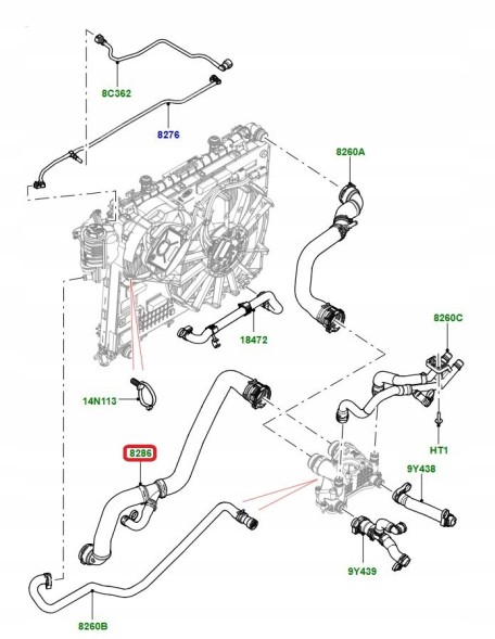 Land Rover OE LR080120GEN Гумовий патрубок радіатора охолодження нижній до термостата 4.4 Tdv8 Range Rover L405 L494
