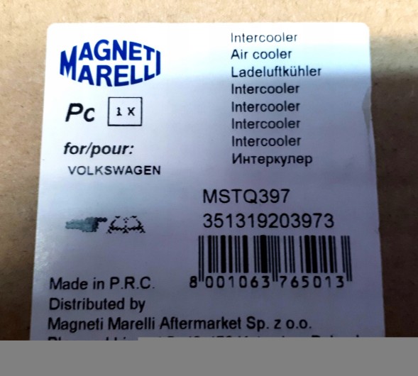 MAGNETI MARELLI 351319203973 Інтеркулер org vw golf vi 2.0 tdi 351319203973