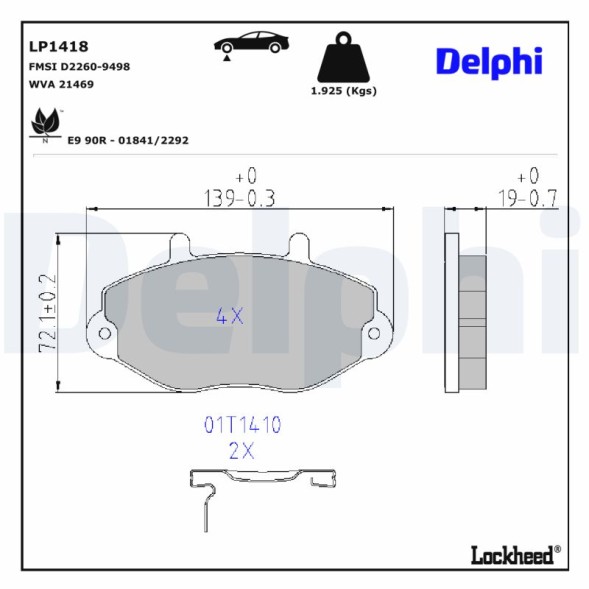 LP1418 DELPHI Комплект гальмівних колодок з 4 шт дисків