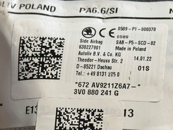Skoda OE SKODA SUPERB III 2015-2024 ПОДУШКА БЕЗПЕКИ AIRBAG СИДІННЯ ЛІВЕ 3V0880241