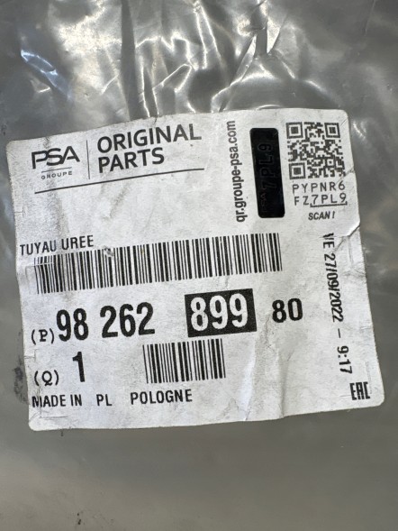 Opel OE ПРОВІД (ШЛАНГ) ДЛЯ СИСТЕМИ ADBLUE OPEL PEUGEOT НОВИЙ 9826289980