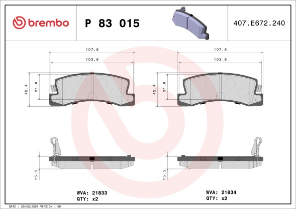 P83015 BREMBO Комплект гальмівних колодок з 4 шт дисків