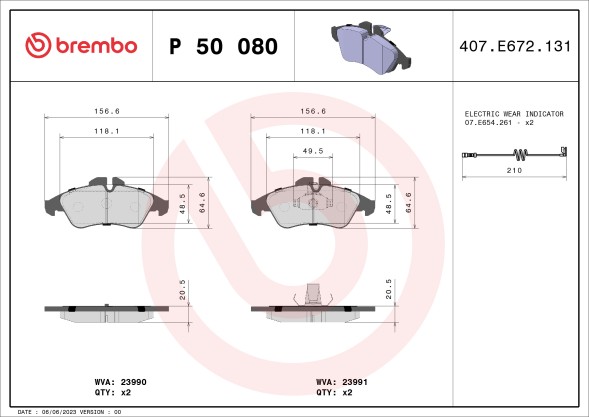P50080 BREMBO Комплект гальмівних колодок з 4 шт дисків