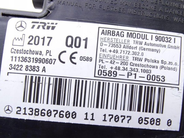 Mercedes-Benz OE 2138607600 GBI_BMW J MERCEDES E-KLASA W213 16-23 ПОДУШКА AIRBAG СИДІННЯ ПРАВА ОРИГІНАЛ НОВА