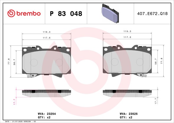 P83048 BREMBO Комплект гальмівних колодок з 4 шт дисків