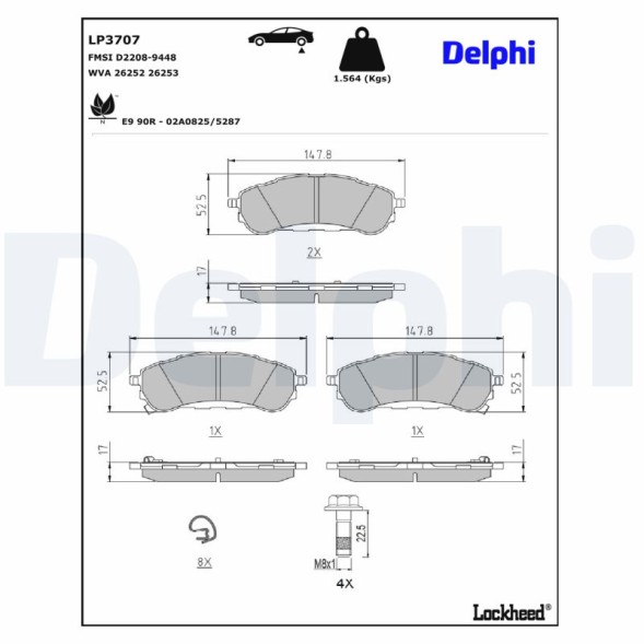 LP3707 DELPHI Комплект гальмівних колодок з 4 шт дисків